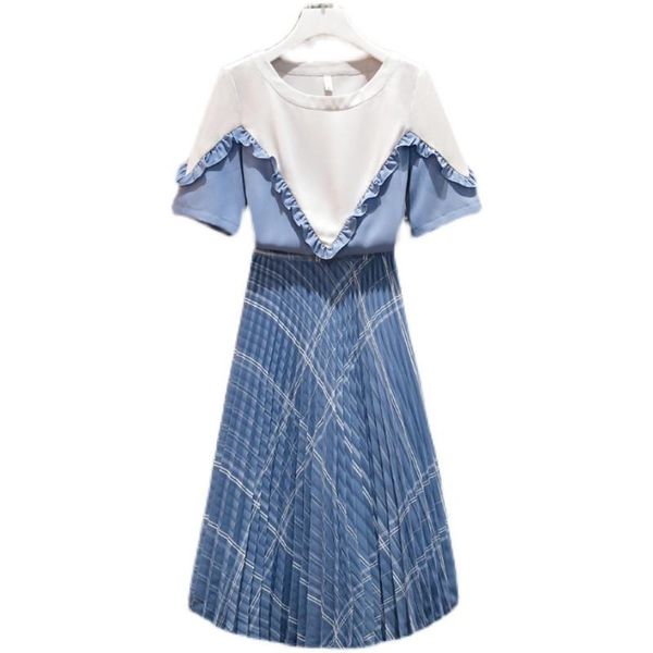 

plus size tracksuits large ladies summer fashion two piece suit coat pleated blue skirt women patchwork sweatshirt outfit vestido casual, Black