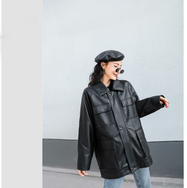 

suits autumn long solid pu faux jacket women's casual soft loose leather jackets with belt slim turn down collar outerwear, White;black