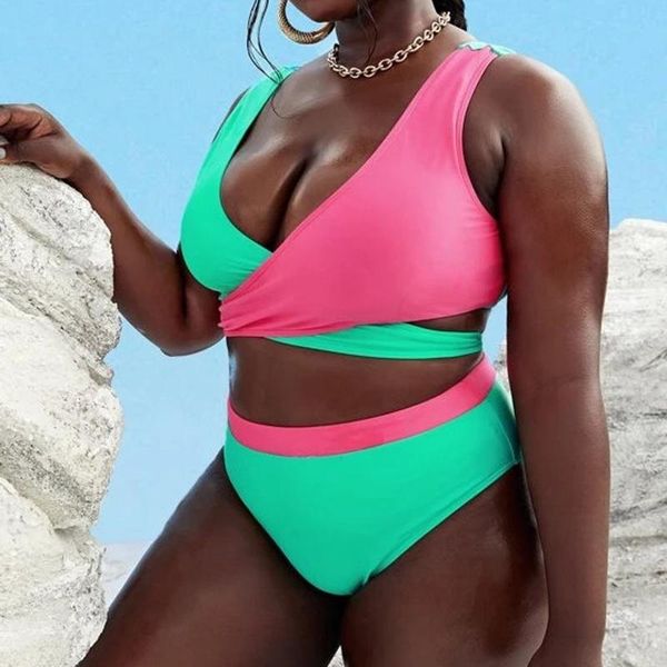 Damen-Badebekleidung, Bikini, 2021, Beachwear, groß, geteilt, Kreuz, farblich passend, hohe Taille, dicke Frau, Badeanzug, Damen-Badeanzug, Strandkleidung