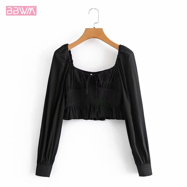 

square collar long sleeves neckline tie women vintage short waist t-shirt fashion chic female 210507, White