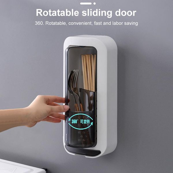 

punch-wall hanging rotatable transparent cover ventilated drained double grid chopstick cage kitchen tableware storage box bottles & ja