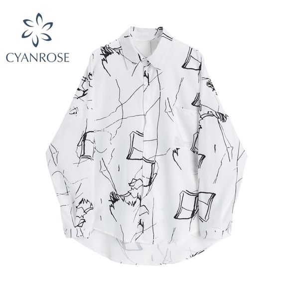 

abstract print blouse shirt women vintage autumn casual korean turn-down collar long sleeve loose streetwear female 210515, White