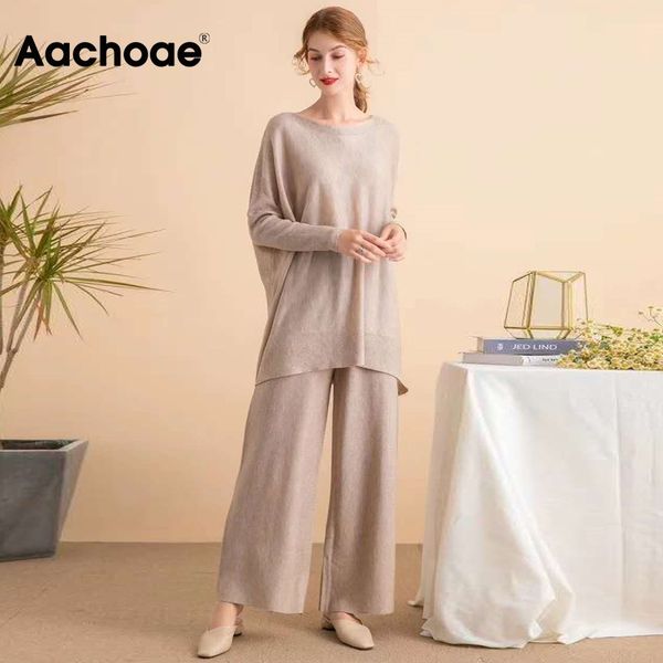 

aachoae pure knitted 2 piece set women batwing sleeve irregular hem stylish pullover sweater loose wide leg long pants lady sets 210413, White