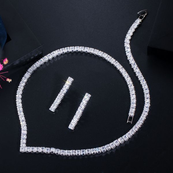 

t0154 small square zircon set necklace earrings two-piece set high-end banquet dress women's accessories, Black