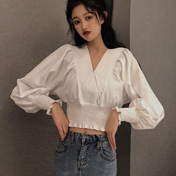 

women's blouses & shirts korean fashion exposed navel blouse women solid color v-neck shirt spring autumn long sleeve, White