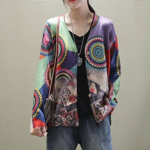 

women's jackets spring summer retro women knitting large size all-match coat print pattern casual loose 1 74vh, Black;brown
