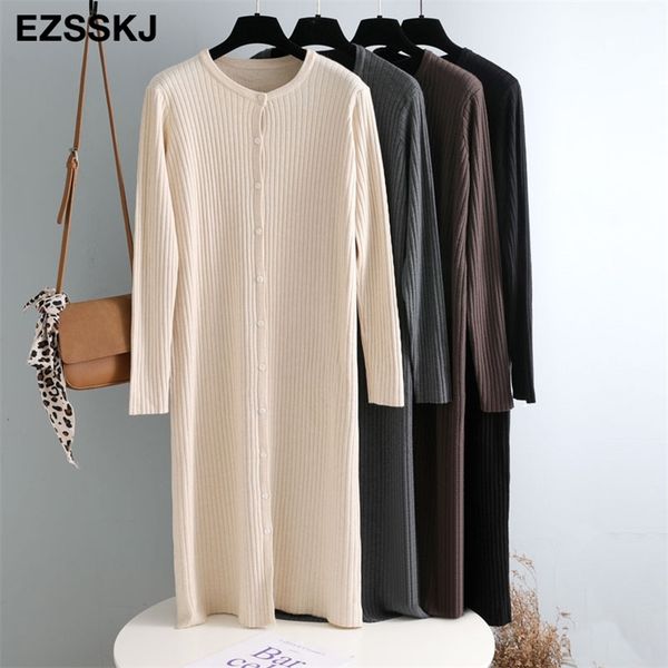 

autumn winter o-neck button oversize long sweater dress chic loose knit women female maixt 211110, Black;gray