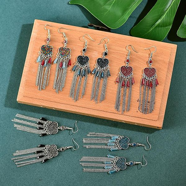 

stud fashion classic long peach heart retro ethnic style tassel earrings female temperament full diamond bohemian wholesale, Golden;silver