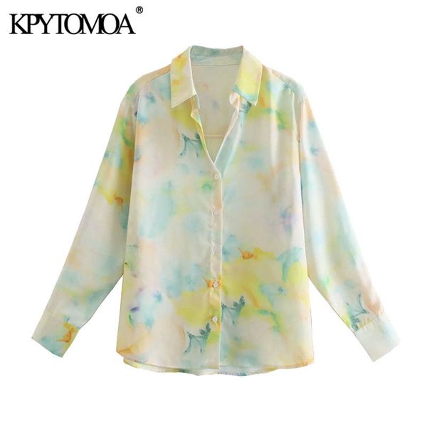 

women fashion tie-dye print soft touch blouses vintage long sleeve button-up female shirts blusas chic 210416, White