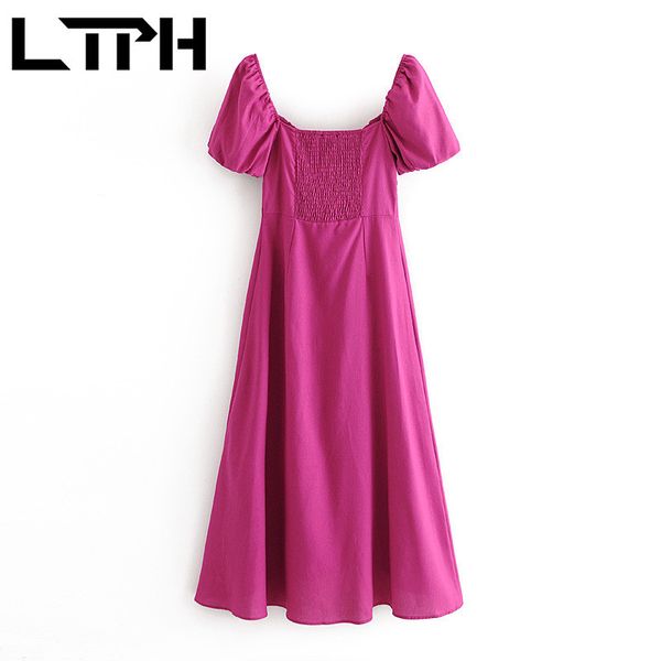 

simple elegant long women dress square collar puff sleeve vintage single-breasted midi dresses spring summer 210427, Black;gray