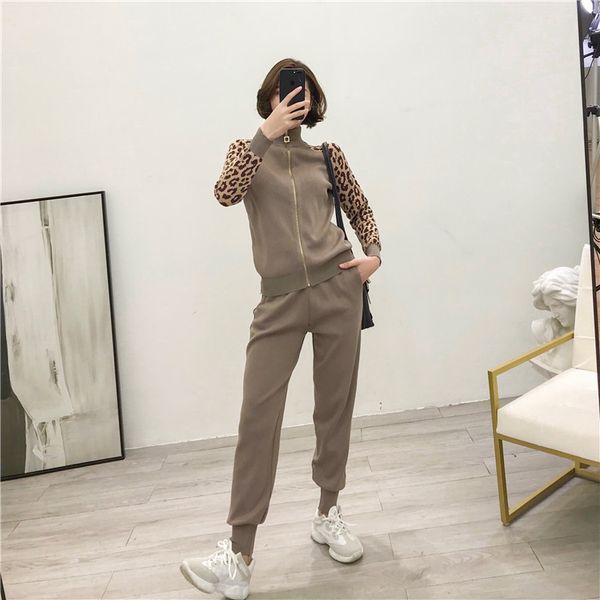

women's two piece pants women tracksuits autumn knitted sets slim zipper cardigans jacket + long suits woman leopard sportsuits 6, White