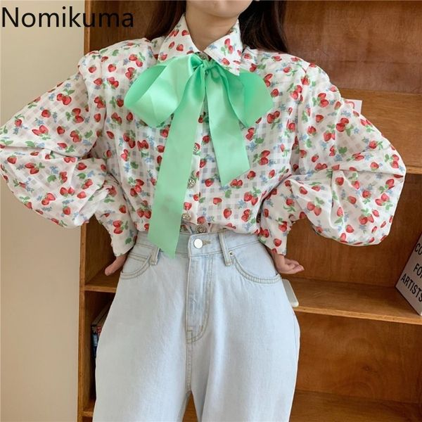 

nomikuma korean sweet long sleeve shirts women strawberry printed casual loose blouse female arrival blusas mujer 3c318 210514, White