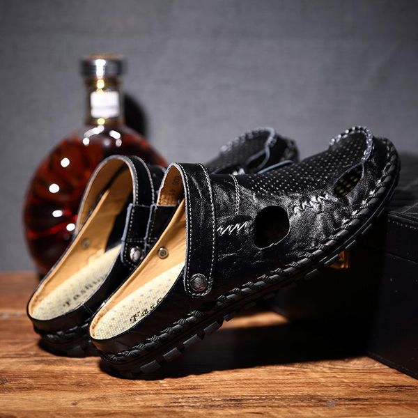 

sandals mens summer outdoor lightweight genuine leather comfort casual men flat shoes, Black