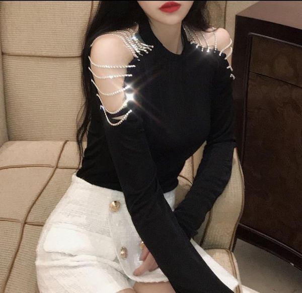 

women's t-shirt lady women t-shirts long sleeve hollow out shoulder woman femme rhinestones, White