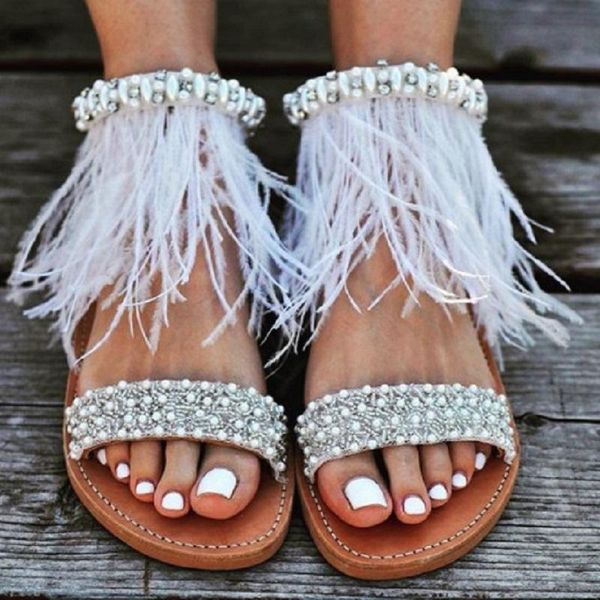 

summer women flat beach sandals luxury rhinestone feather white wedding shoes ladies open toe ankle strap gladiator, Black