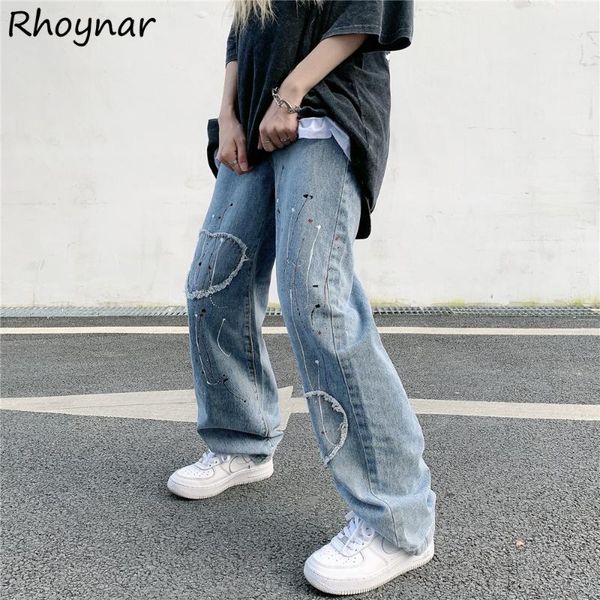 

women's jeans women patchwork ripped retro heart fashion design wide leg loose trousers casual summer hip hop all match basic preppy in, Blue