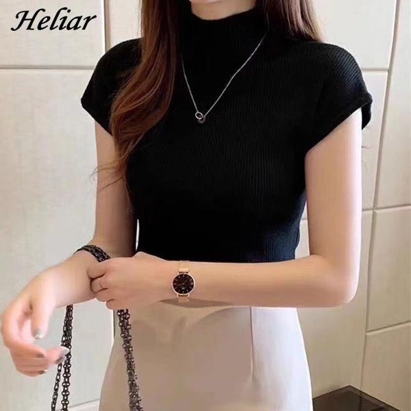 

knitted turnelneck tees plain women t shirts solid short sleeve casual o neck for summer, White