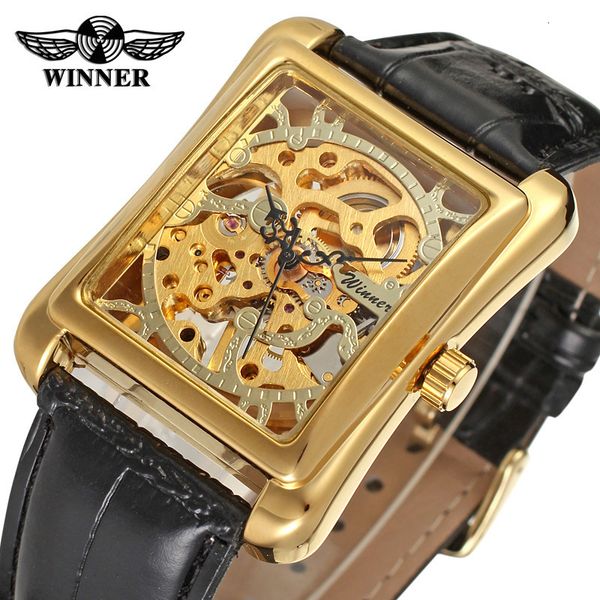 

winner gold hollow square men's manual mechanical watch belt, Slivery;brown