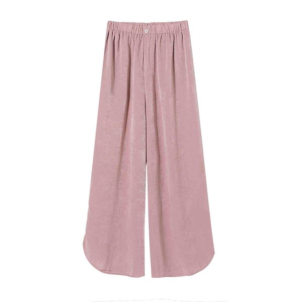 Moda o lustroso rosa perna larga calça mulheres elásticas cintura alta calças feminina verão praia solta palazzo 210430