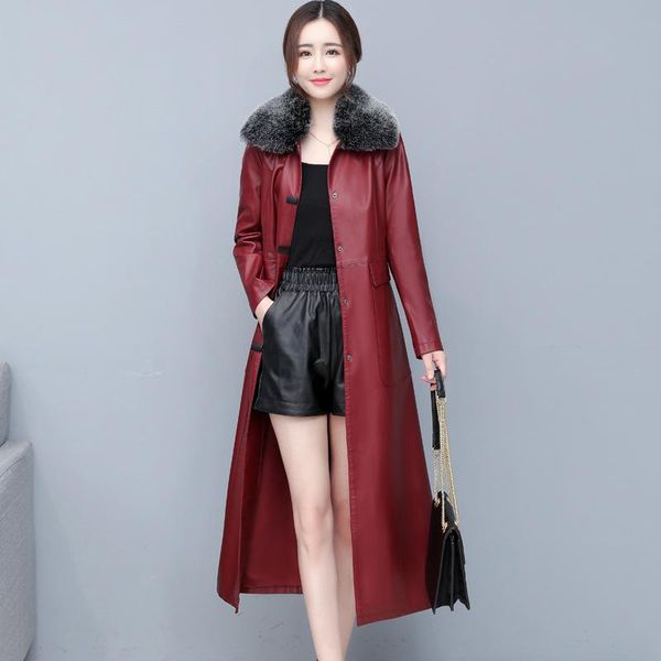 

autumn winter women leather jacket fur collar fashion plus size pu coats x-long slim faux trench coat women's &, Black