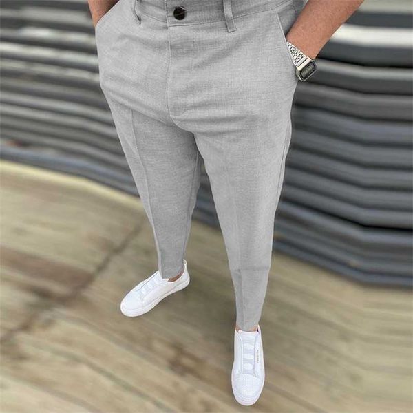 

spring casual business men solid pants autumn fashion slim fit long trouser for men's mid waist buttoned design pants streetwear 211112, Black