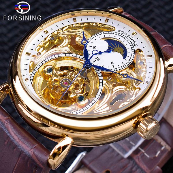 Forsining Luxo White Gold Watch Exibição de couro marrom Moonfase moda azul mão esqueleto impermeável homens relógios mecânicos automáticos
