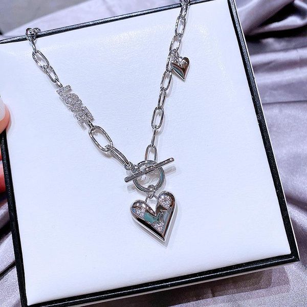 

pendant necklaces migga trend statement cubic zircon heart necklace for women white gold color clavicle chain, Silver