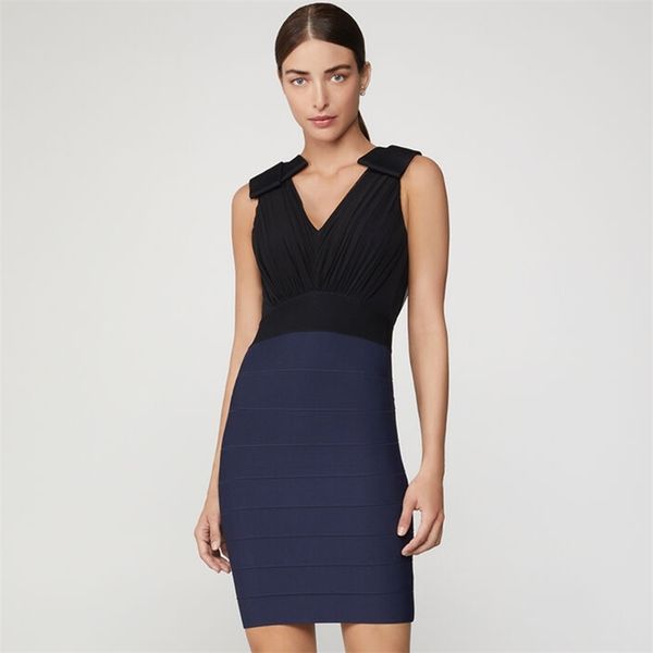 

summer women tank v neck bodycon bandage dress sleeveless patchwork bow club celebrity evening party dresses 210507, Black;gray
