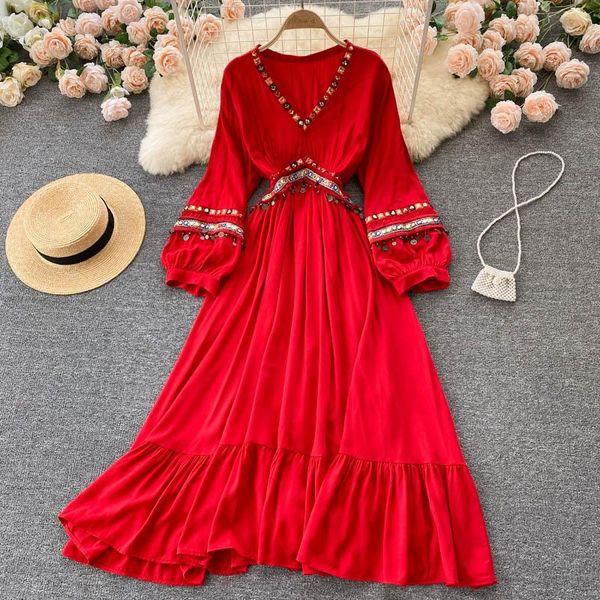 

casual dresses a008 women fashion retro embroidery spring autumn 2021 v-neck holiday long sleeve red dress vintage party vestidos, Black;gray