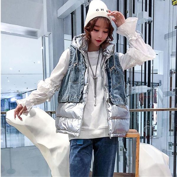

women's vests quality female winter patchwork waistcoat short glossy hooded cotton padded loose sleeveless coat women casual vest outwe, Black;white