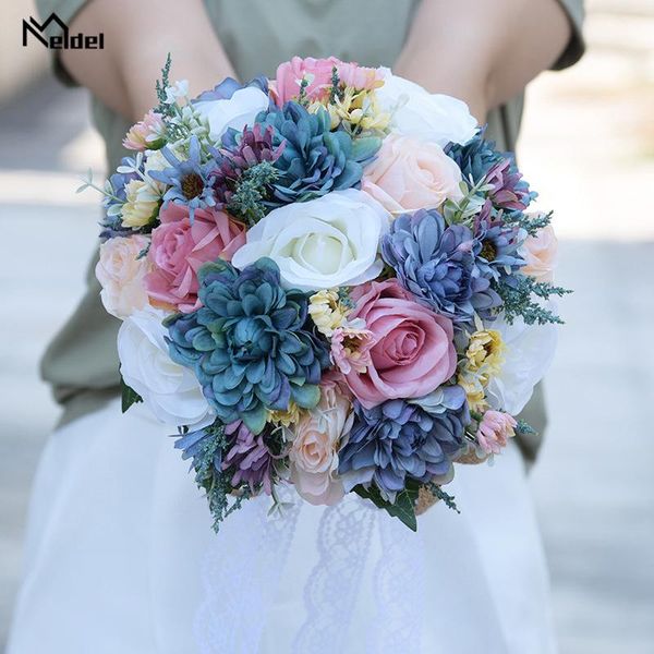 

wedding flowers meldel bouquet flower pink purple blue bohemian romantic artificial silk rose dahlia diy bridal bouquets