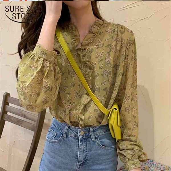 

v-neck blusa long sleeve women spring print autumn chiffon blouse loose shirt casual chic cardigan chemisier femme 210719, White