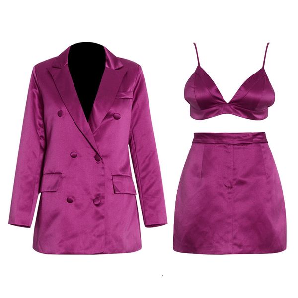 

two piece dress 3 pcs sets skirt blazer suits summer purple three-piece double-breasted camisole short jacket ub00, White