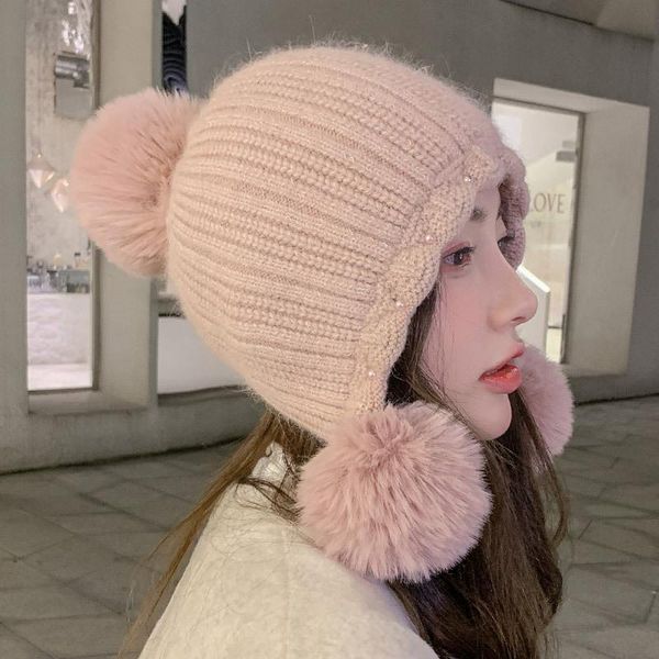 

beanies real fur autumn winter double layer plus velvet thick knitted hat ear protection to keep warm hats women fashion