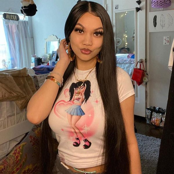 

women's t-shirt egirl summer white short tee shirt femme elegant fashion o-neck graphic cartoon print crop y2k urban women alt clot