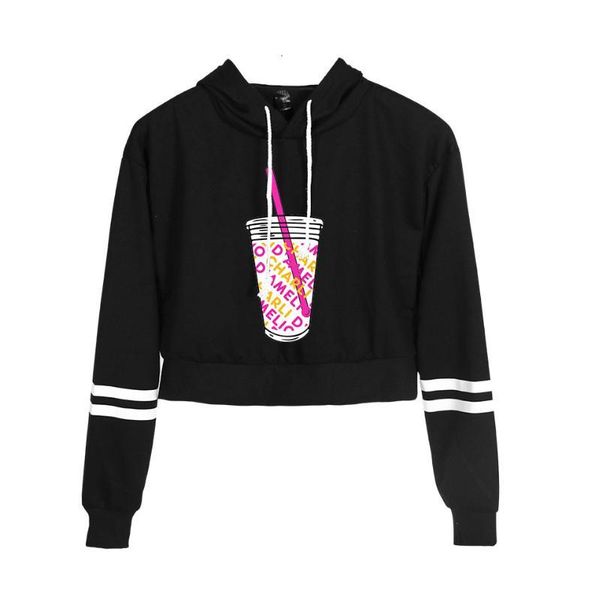 

women's hoodies & sweatshirts rholycrown fashion girl hip hop hooded printing d'amelio summer exposed navel ladies sweatshirt long, Black