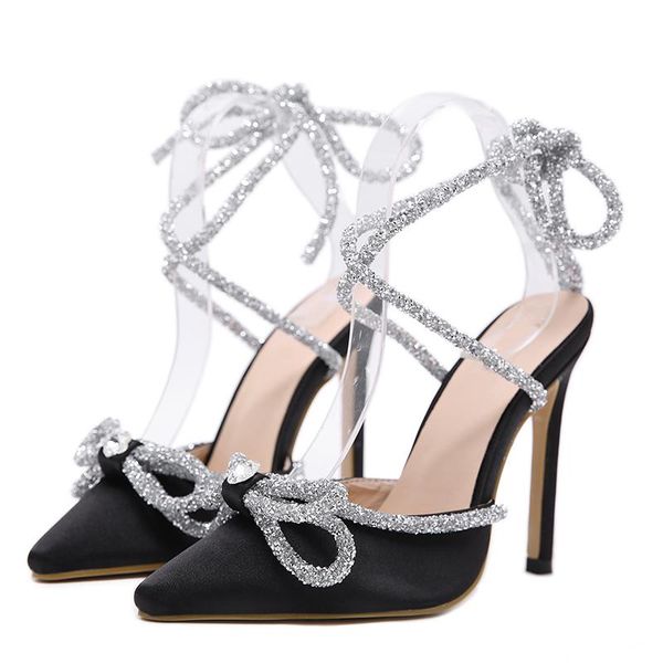 

fashion women summer pumps elegant ladies satin bling wedding party shoes ankle strap pointed toe high heels dress, Black