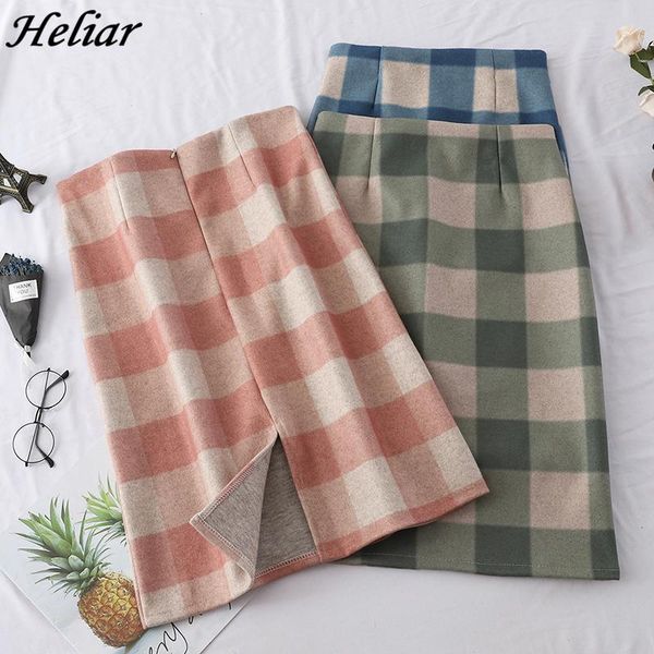 

skirts heliar woman winter korean all match plaid skirt casual slit hem warm high waist office lady mulit color woolen, Black