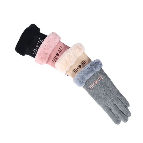 

winter female derong warm cashmere cute mittens suede thicken plush full finger wrist touch screen driving gloves, Blue;gray