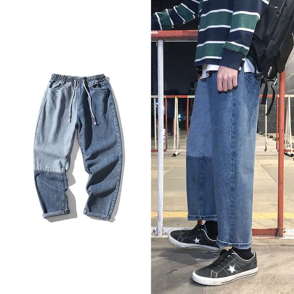 

drawstring jeans mens fashion retro hit color casual straight jeans pants men streetwear wild loose hip hop denim trousers mens, Blue