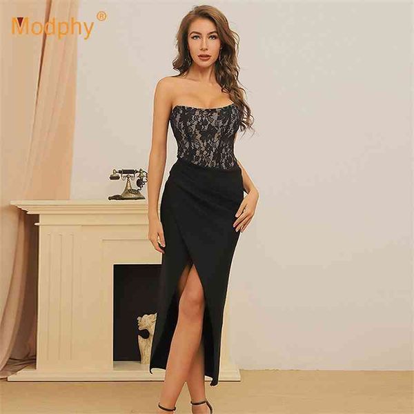 

women celebrity evening bandage dress strapless lace bodycon split party runway midi long vestidos 210527, Black;gray
