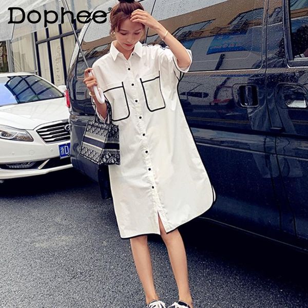 

casual dresses elegant white office lady shirt dress 2021 summer pocket single-brewed long sleeve women simply plus size loose midi, Black;gray