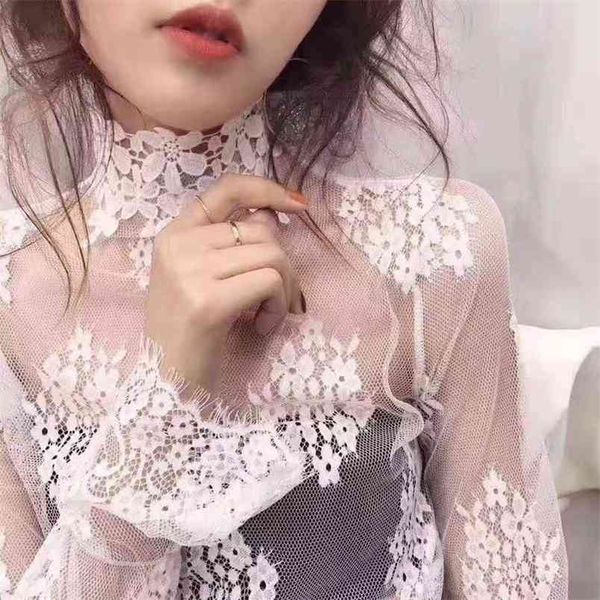 

lace bottoming shirt women spring summer horn long-sleeved mesh gauze thin stand-up collar crocheted hollow 210427, White