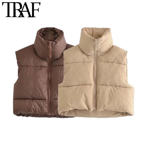 

traf women fashion zip-up cropped padded vest coat vintage high neck adjustable hem female waistcoat chic 211130, Black;white