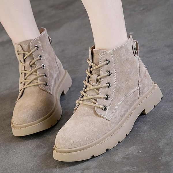 

boots meotina women genuine leather motorcycle winter flat platform shoes lace up round toe cow suede ladies autumn 34-40, Black
