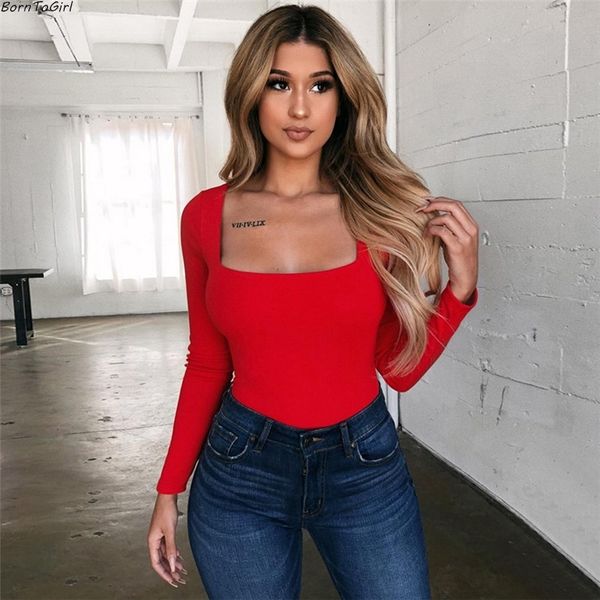 

borntogirl women sqaure neck bodysuits autumn winter female long sleeve black red body suit 210401, Black;white