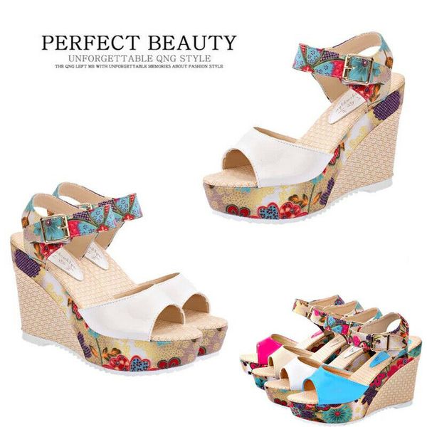 

women's summer sandals high wedge heel floral ankle strap platform shoes, Black