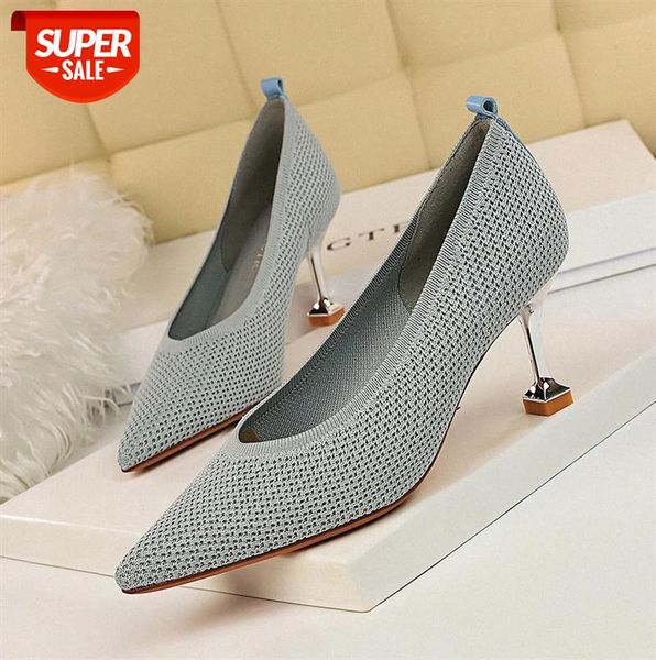 

738-1 korean fashion simple high-heeled wool knitting shallow mouth pointed toe trend all-match women's shoes single #dr8k