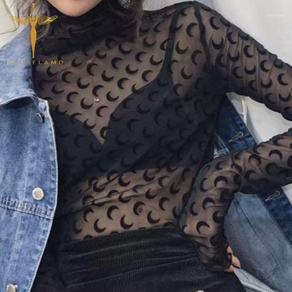 

women's t-shirt lace female t shirt mesh see through moon women long sleeve turtleneck tshirt slim bodycon base tees1, White