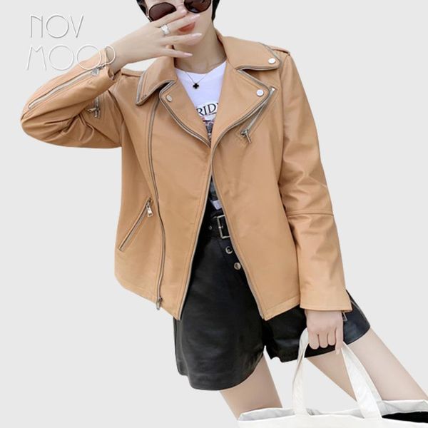 

women's leather & faux novmoop 2021 fashion autumn camel color sheepskin genuine jacket women coat with zipper decor manteau ropa mujer, Black